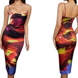 House of CB Mitzi Satin Corset Midi Dress XS Abstract Print